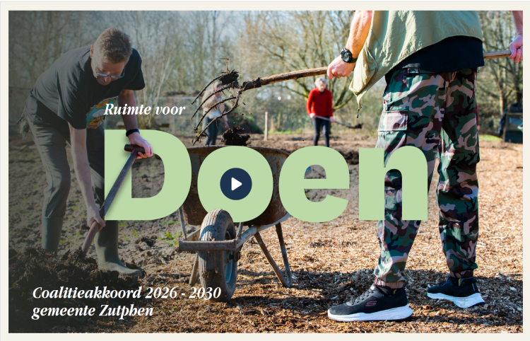 Voorzijde van het coalitieakkoord. Met een foto van mensen die samen aan het tuinieren zijn in de openbare ruimte