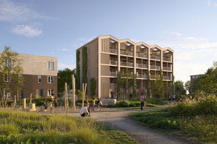 Een artist impression van een groene speelplaats met daarachter een gebouw met meerdere verdiepingen, veel groen, balkons en natuurlijke kleuren.