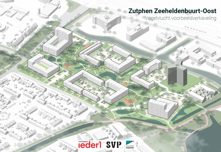 De Zeeheldenbuurt-Oost in vogelvlucht, met een voorbeeld van de verklaveling. Appartementen en rijwoningen en tussendoor veel groen.