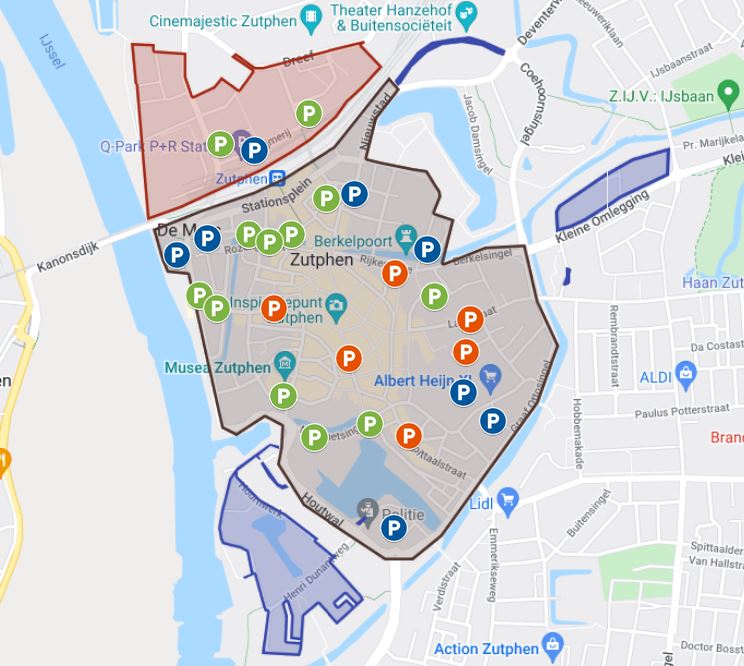 Kaart met parkeerzones en parkeerplaatsen gemeente Zutphen