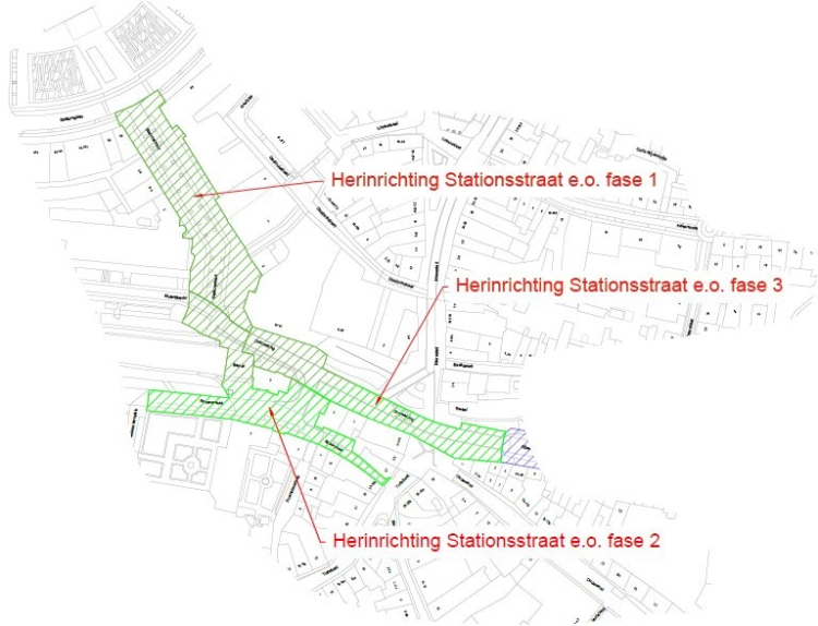 Kaart van het gebied dat heringericht wordt. Fase 1: Stationsstraat. Fase 2: Rozengracht ter hoogte van Broederenklooster en Spoorstraat. En fase 3: Overwelving.