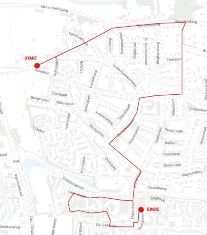 Route vanaf Kerkplein via Rijksstraatweg, Rhienderinklaan, Abersonlaan, Bonendaal, Bevrijdingslaan, Breegraven, Oranjedreef, Isendoornpad en Lage Weide, naar Onderlaatsepad, Emmersteeg, De Gaikhorst naar het eindpunt.
