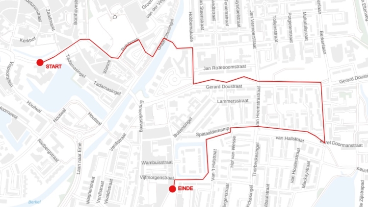 Kaartje met de route, vanaf startpunt via Polsbroek naar Graaf Ottosingel, Hobbemakade, Gerard Doustraat, Kappeijne van de Coppellostraat, Spittaalderkamp, Linie van het Wambuis naar het eindpunt
