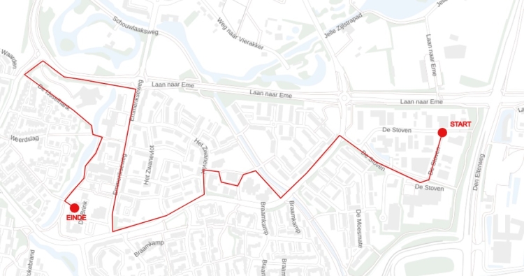 Kaartje met de route: Vanaf De Stoven naar de Harenbergweg, naar het Zwanevlot, terug naar de Harenbergweg, Emmerikseweg, Laan naar Eme en IJsselhank naar eindpunt bij De Brink.