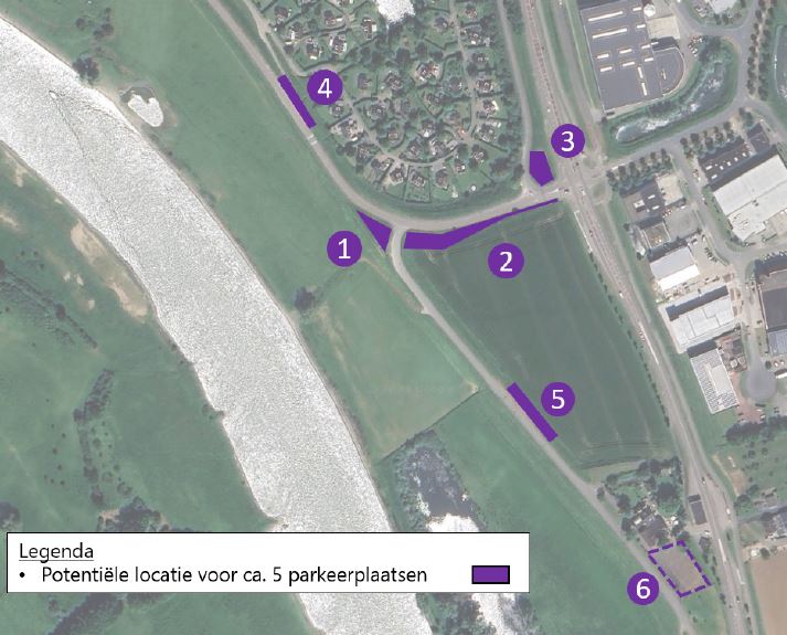 Op de kaart staan 6 locaties als mogelijke plek voor ongeveer 5 parkeerplaatsen.