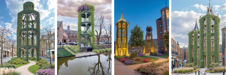 Een collage van 4 afbeeldingen waarin de torens zijn afgebeeld. In verschillende vormen, hoge transparante torens, begroeid met klimplanten.