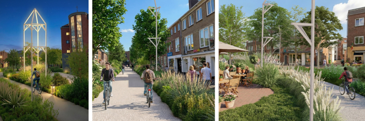 Collage van 3 afbeeldingen van de straat als groene route. Wat vooral opvalt zijn de groene afscheidingen tussen fietsers en voetgangers.