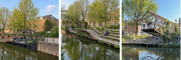 Een collage van 3 afbeeldingen van houten trappen langs de Berkel die ingericht zijn om op te zitten, met een soort uitkijkpunten aan of boven het water.