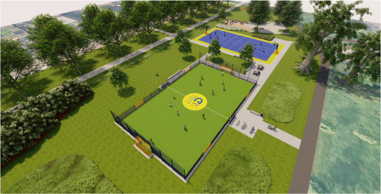 Een artist impression van de nieuwe situatie. Er komen speelvelden bij, een plek om te ontmoeten en een jeu de boulebaan. Ruimte voor fietsenstalling.