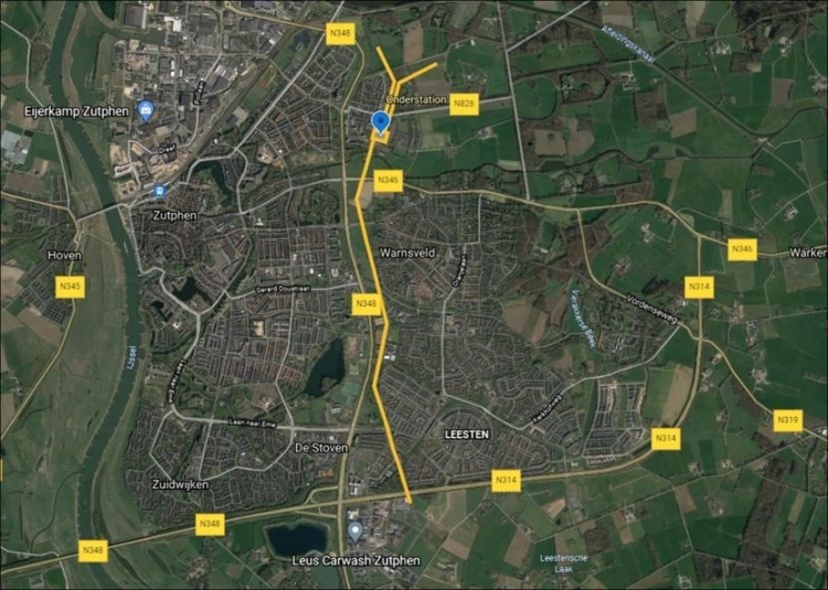Luchtfoto van Zutphen met daarop de tracés ingetekend.