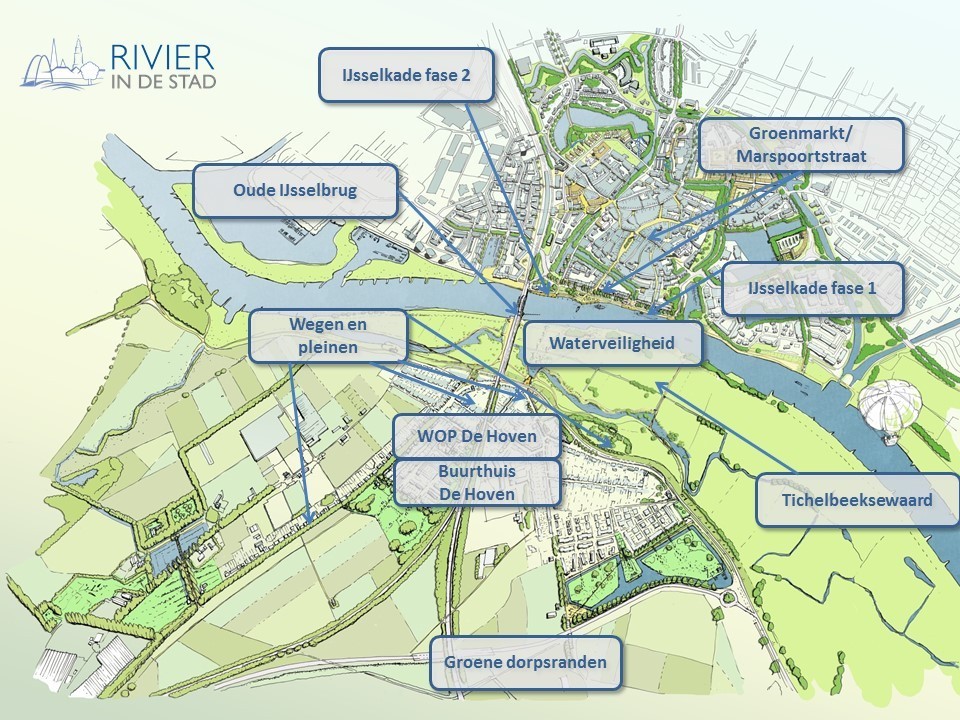 Een kaart die alle deelprojecten toont van het project Rivier in de Stad