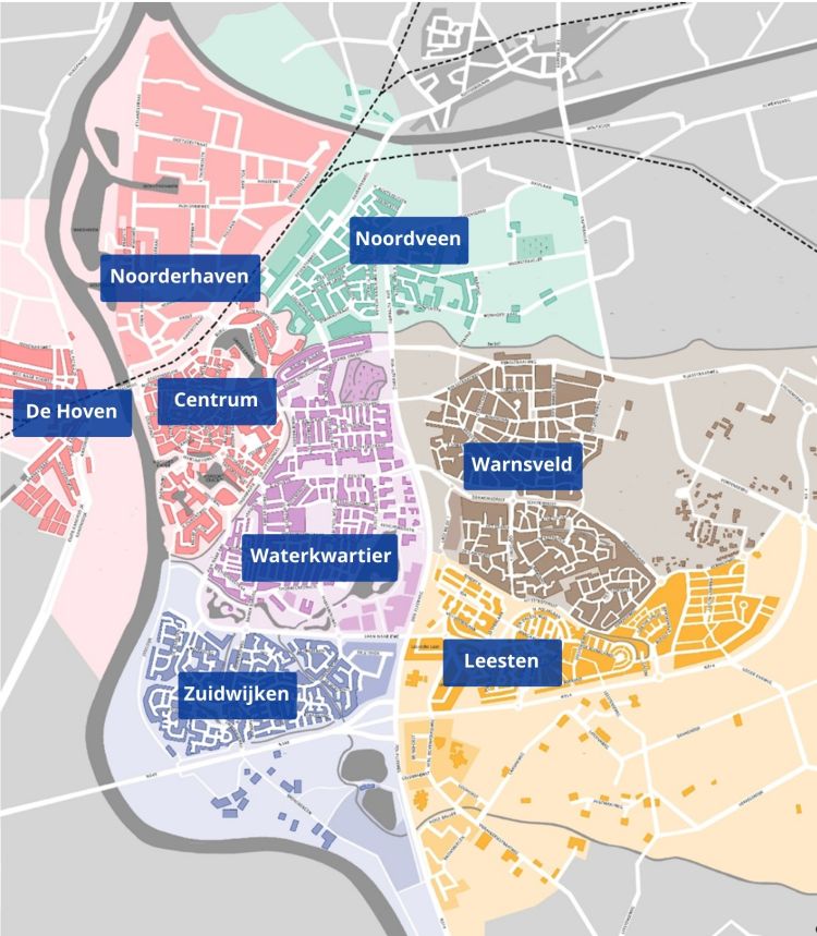 Kaart met de wijkindeling van de gemeente Zutphen